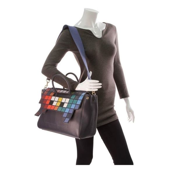 Anya Hindmarch Space Invaders Messenger Bag Navy Flap Tote Crossbody retro purse - Picture 2 of 8